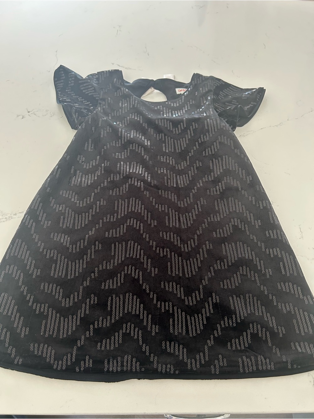 Cat and Jack Girls' Black Sequin Pattern Dress with White Bow